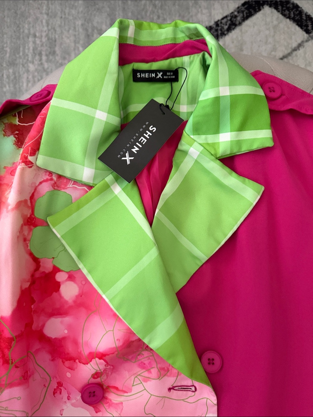 SHEIN Pink & Lime Green Colorblock Trench Coat with Patterned Panel